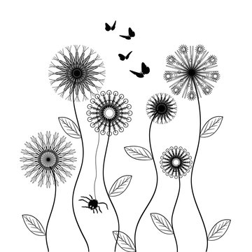 vector flowers, black and white