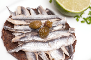 Canape aus Vollkornbrot mit kleinen Sardinen und Kapern