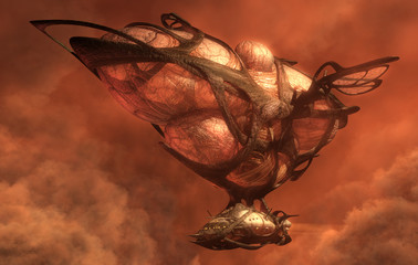 3D illustration of a flying organic fantasy airship