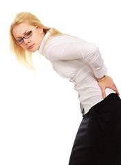 Woman massaging pain back, isolated on white background