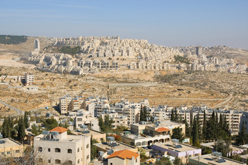 View of Har Homa (Hebrew illegal settlement) from Bethlehem 2010 - obrazy, fototapety, plakaty