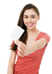 Attractive Young Woman with Blank Credit Card.Focus on face