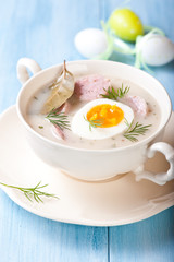 Borscht with eggs and white sausage ( Polish easter soup)