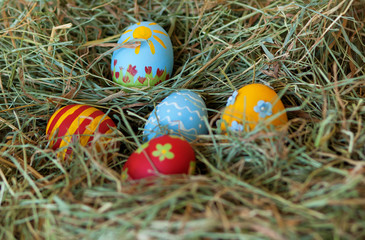 Painted colorful Easter eggs in hay