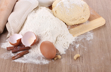 Ingredients for the dough wooden table
