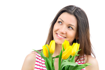 Woman with yellow tulips bouquet of flowers