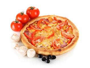 Aromatic pizza with vegetables and mushrooms isolated on white