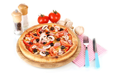 Aromatic pizza with vegetables and mushrooms isolated on white