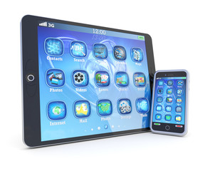 Tablet PC and smartphone with 3d applications isolated on white