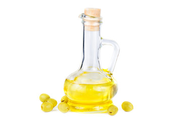 olives and a small decanter of olive oil isolated on white