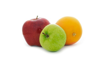 green and red apples and grapefruit on white background