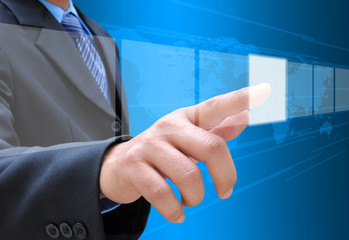 businessman hand pushing button on a touch screen interface