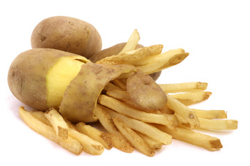Peeled potato and french fries