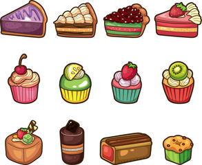 cartoon cake icons set