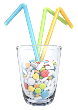 different colorful drugs and pills in glass with straws