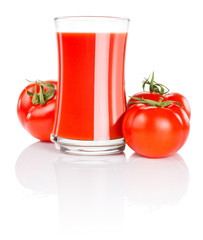 Glass of fresh tomato juice and three tomatoes Isolated on white