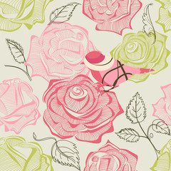 Retro floral and bird seamless pattern