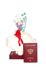 Piggy bank and passports of Russian Federation