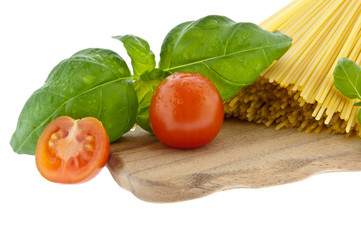 Spaghetti with basil and tomato (with clipping path)