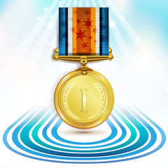 Gold medal with ribbon over sky background