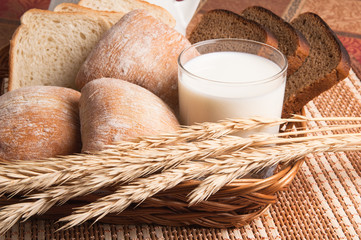 Bread, rolls and a glass of milk