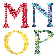 The letters M, N, O, P  made of photographed buttons