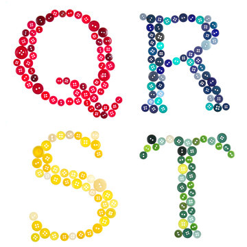 The letters Q, R, S, T  made of photographed buttons