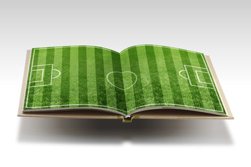 Obraz premium Open book with soccer stadium on white background