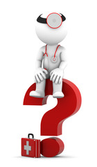 Medic sittting on question mark. Isolated over white