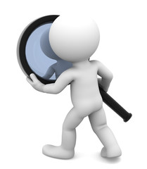 Man with magnifying glass. Isolated on white