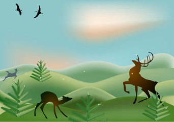 two deers between firs