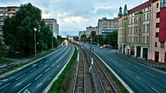 Time-lapse of cars and streetcars in Wroclaw, Poland