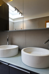 beautiful apartment, interior, bathroom, sinks and mirror