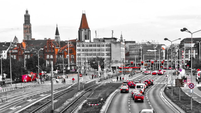 Time-lapse of cars and streetcars in Wroclaw, Poland