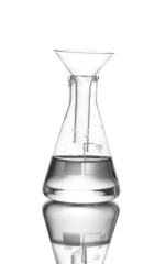 Flask with water and reflection isolated on white