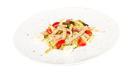 photo of delicious pasta (tagliatele) with bacon and tomatoes