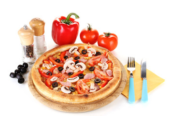 Aromatic pizza with vegetables isolated on white