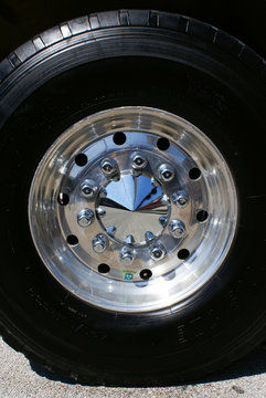 Reflection in hubcap of big American truck