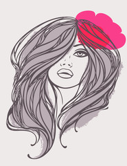 Portrait of long haired girl with flower. Vector illustration.