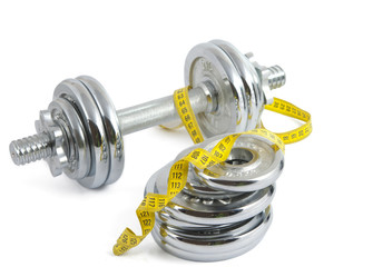 dumbbell with a measuring tape