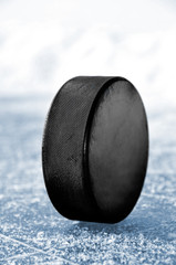 black hockey puck on ice rink © vencav