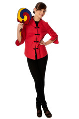 woman in Chinese dress on fashion week in Paris