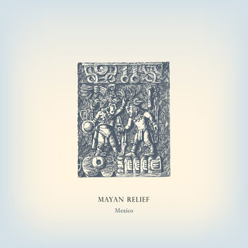 Engraving vintage Mayan relief illustration.