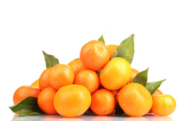 tangerines with leaves isolated on white