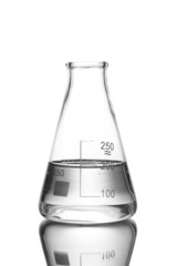 Flask with water and reflection isolated on white