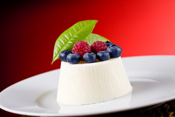 Panna cotta with Berries on red background