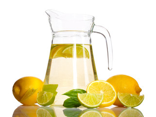 pitcher of lemonade, lime and lemon isolated on white