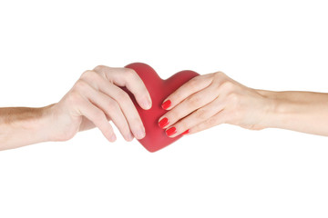 Man and woman holding red heart in hands isolated on white