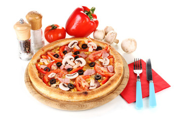 Aromatic pizza with vegetables and mushrooms isolated on white