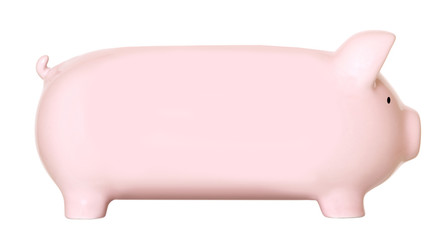 Long pink piggy bank isolated on white